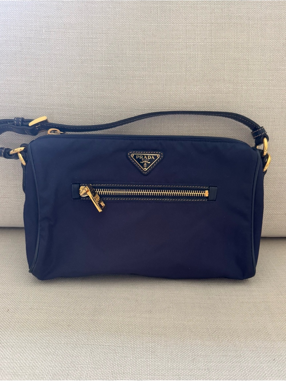 Prada Nylon Shoulder Bag in Navy with Gold Hardware